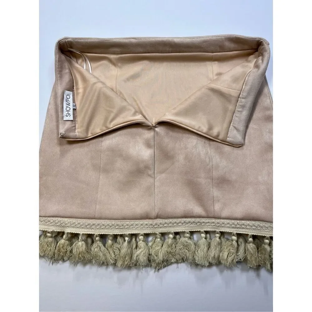 Showpo Dream Life Faux Suede Tassel Mini Skirt Beige Size AUS 12 USA Size 8